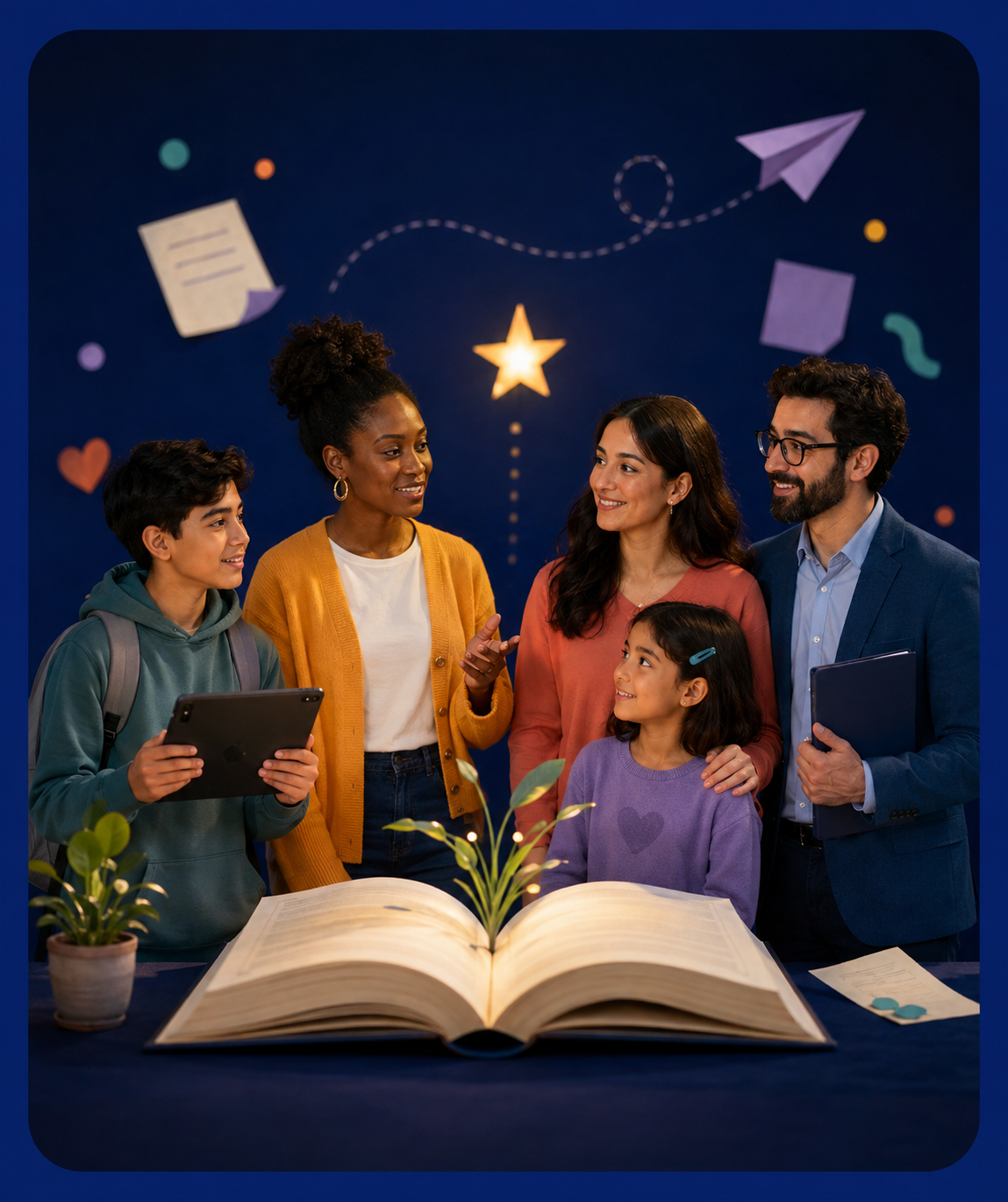A student, teacher, family member and specialist gathered around an open book